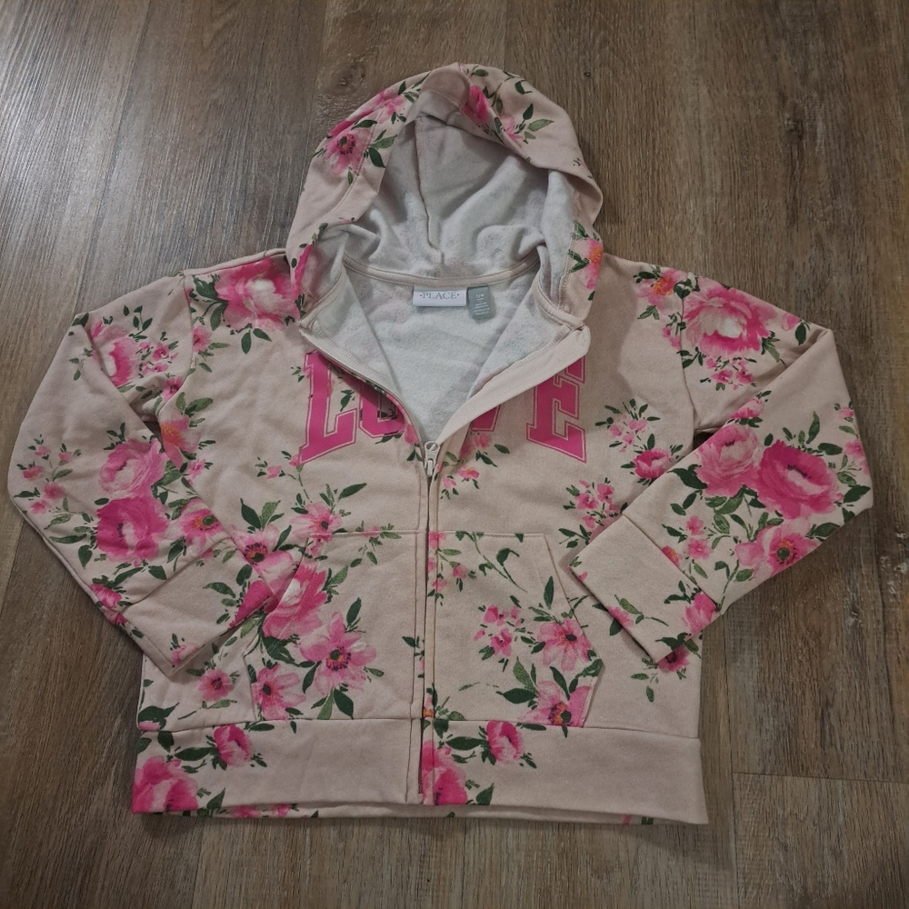 The Children's Place Kid's 'LOVE' Pink Floral Zip-up Hoodie Girl's Size 7/8 (M)